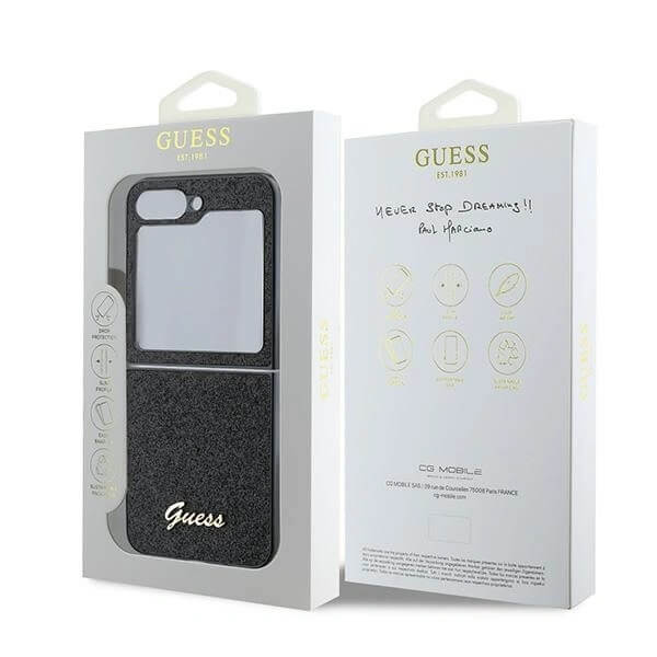Блестящ Калъф за Samsung Z Flip 7 FE/Z Flip 6, Guess Glitter Script Case, Черен (8)