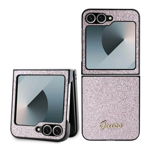 Блестящ Калъф за Samsung Z Flip 7 FE/Z Flip 6, Guess Glitter Script Case, Розов (3)