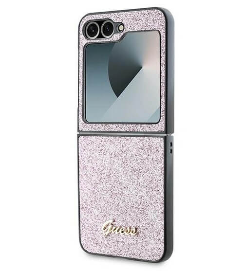 Блестящ Калъф за Samsung Z Flip 7 FE/Z Flip 6, Guess Glitter Script Case, Розов (2)