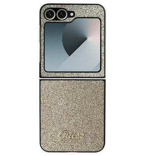 Блестящ Калъф за Samsung Z Flip 7 FE/Z Flip 6, Guess Glitter Script Case, Златист