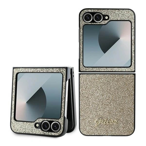 Блестящ Калъф за Samsung Z Flip 7 FE/Z Flip 6, Guess Glitter Script Case, Златист (3)