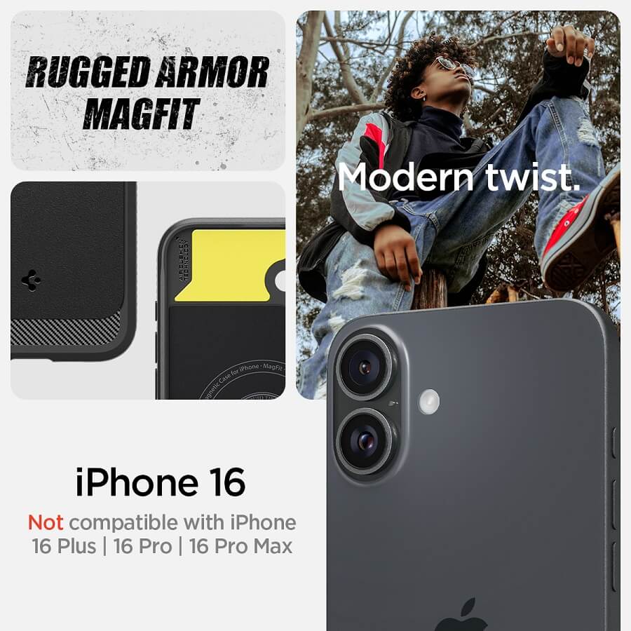 MagSafe Противоударен Калъф за iPhone 16, Spigen Rugged Armor Case, Черен (8)