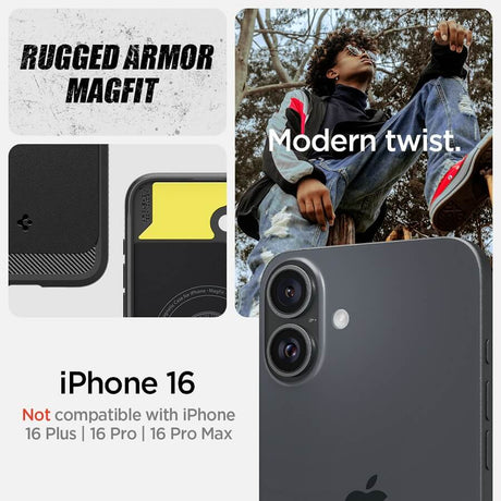 MagSafe Противоударен Калъф за iPhone 16, Spigen Rugged Armor Case, Черен (8)