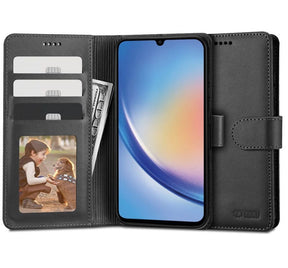 Кожен Калъф с Джобове за Samsung A35, Tech-Protect Wallet Book Case, Черен