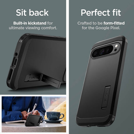 Калъф с Поставка за Google Pixel 9 Pro XL, Spigen Tough Armor Case, Черен (11)