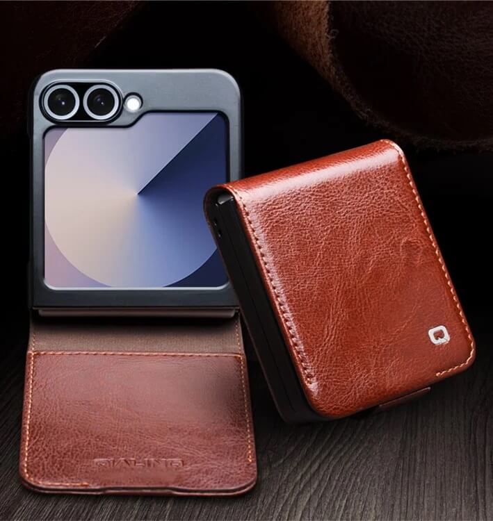 Кожен Калъф за Samsung Z Flip 7 FE/Z Flip 6, Qialino Book Case, Кафяв (5)