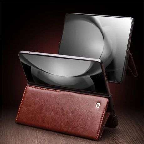 Кожен Калъф за Samsung Z Fold 6, Qialino Book Case, Кафяв (4)