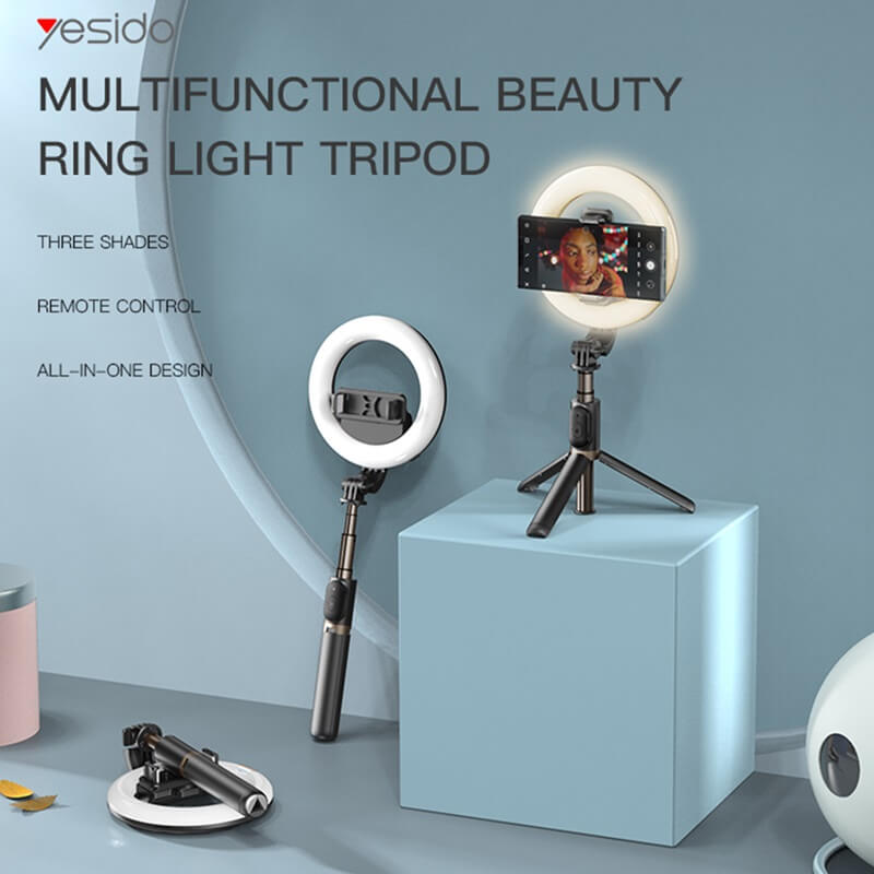 Блутут Статив с Осветление, Yesido Wireless Ring Light Tripod Selfie Stick, Черен (5)