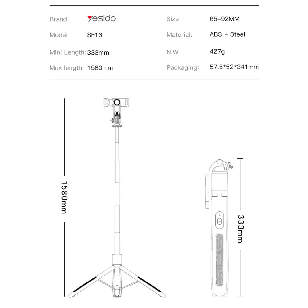 Блутут Статив, Yesido Wireless Selfie Stick-tripod Screw, Черен (8)