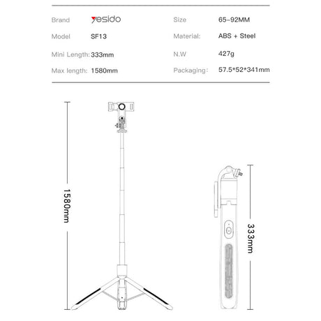 Блутут Статив, Yesido Wireless Selfie Stick-tripod Screw, Черен (8)