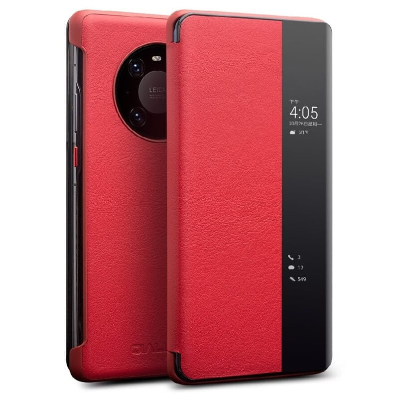 Активен Кожен Калъф за Huawei Mate 40 Pro, Qialino Smart Book Rel Case, Червен