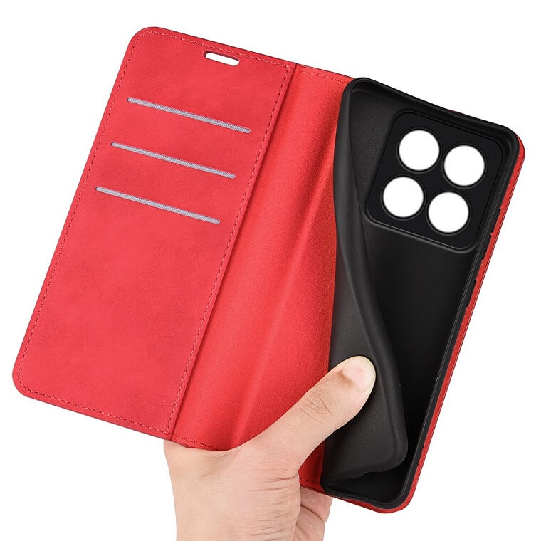 Кожен Калъф с Джобове за Xiaomi 14 Pro, Wallet Book Case, Червен (4)