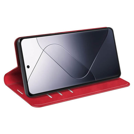 Кожен Калъф с Джобове за Xiaomi 14 Pro, Wallet Book Case, Червен (3)