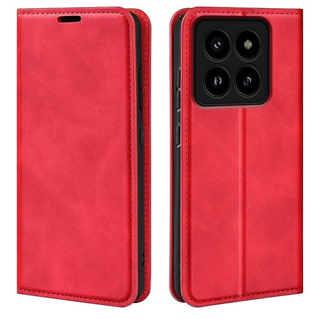 Кожен Калъф с Джобове за Xiaomi 14 Pro, Wallet Book Case, Червен