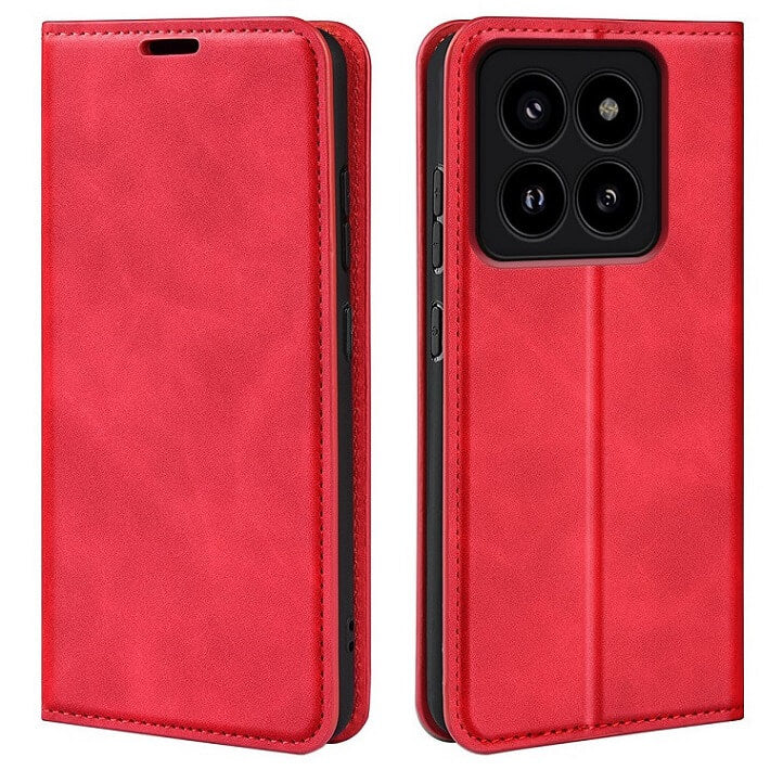 Кожен Калъф с Джобове за Xiaomi 14, Wallet Book Case, Червен