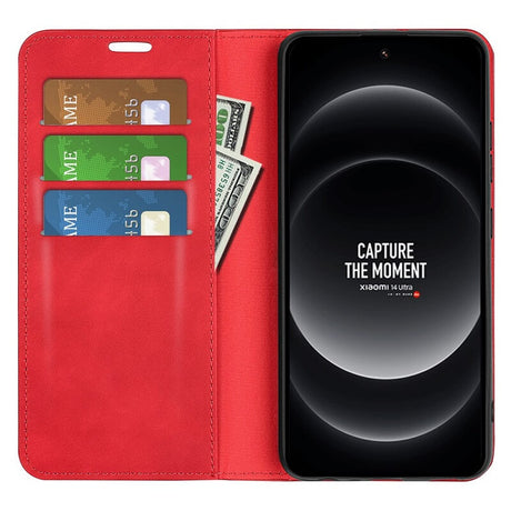 Кожен Калъф с Джобове за Xiaomi 14 Ultra, Wallet Book Case, Червен (2)