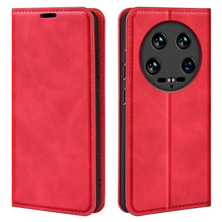 Кожен Калъф с Джобове за Xiaomi 14 Ultra, Wallet Book Case, Червен