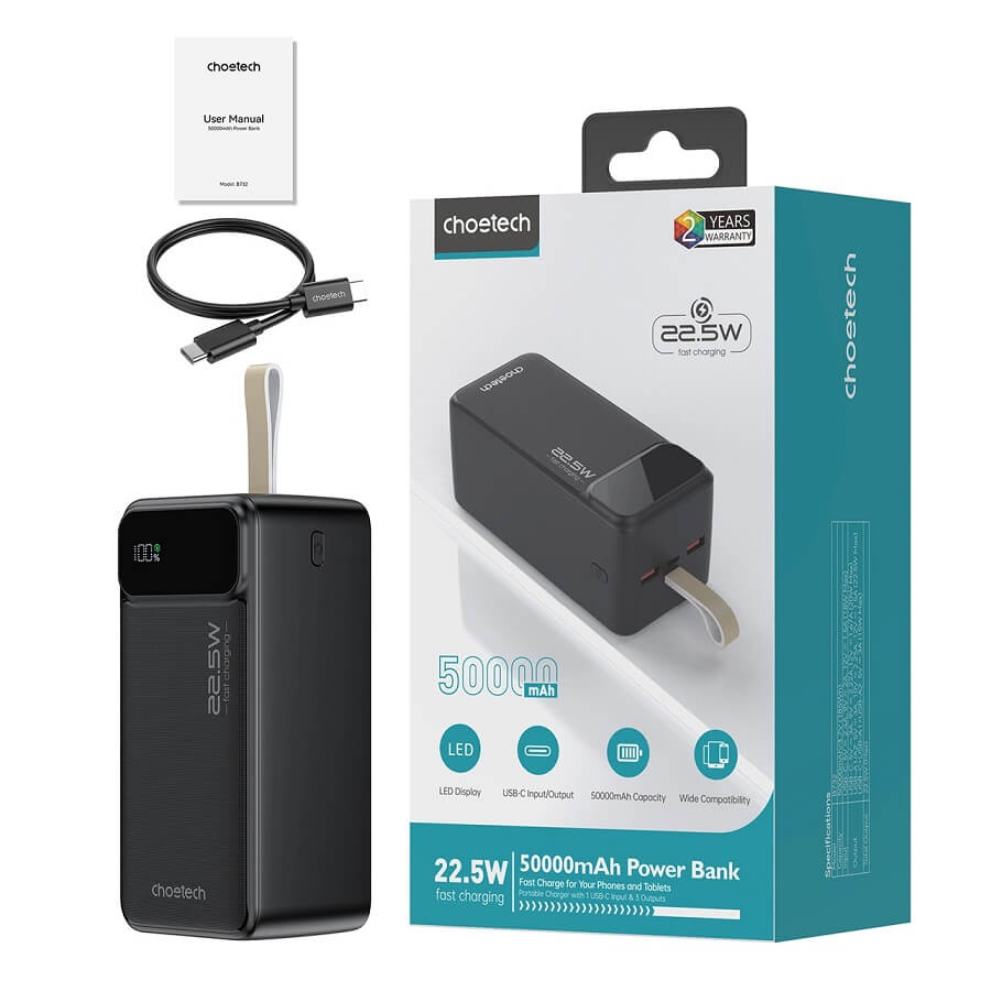 Външна Батерия с Бързо Зареждане, Choetech B732 22.5W PD/QC 50000 mAh, Черен (3)