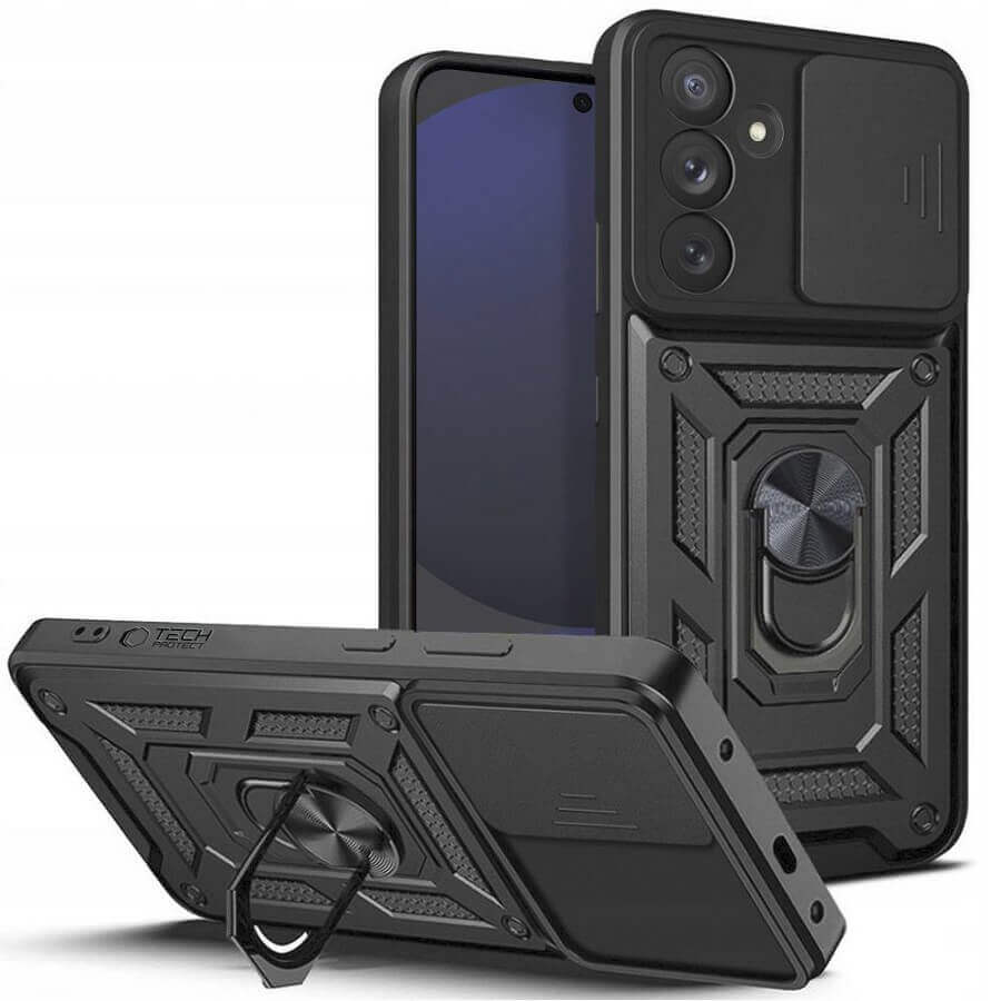 Калъф с Предпазител за Камера и Стойка за Samsung S24 FE, Tech-Protect CamShield Pro Case, Черен