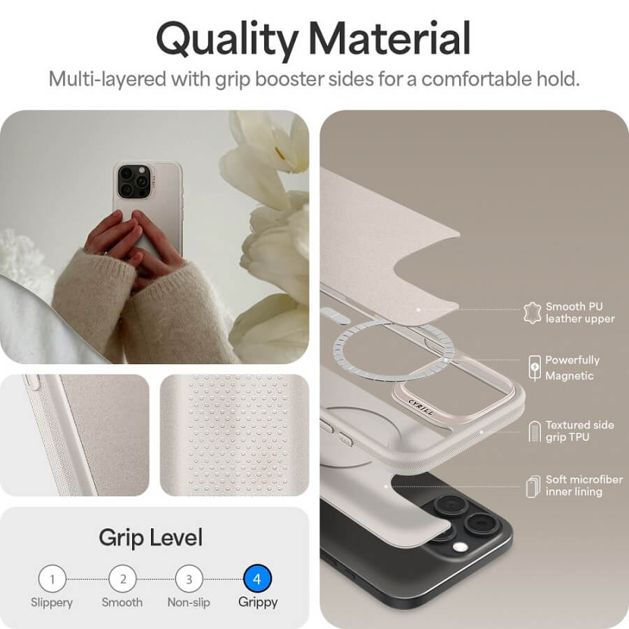 Magsafe Кожен Калъф с Връзки за iPhone 16 Pro Max, Spigen Cyrill Kajuk Classic Charm, Бежов (8)