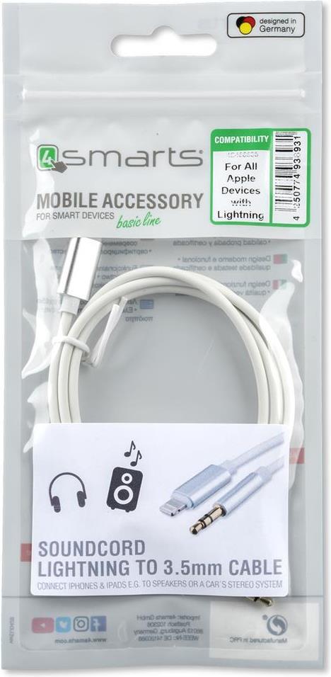 Аудио Адаптер за iPhone и iPad, 4Smarts Lightning to Aux 3.5 mm Jack Cable 1m, Бял (3)