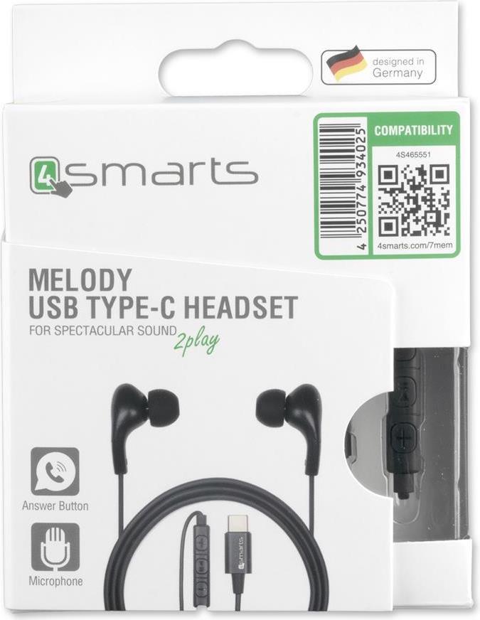 Слушалки с USB-C, 4Smarts Handsfree USB-C Melody Active, Черен (4)