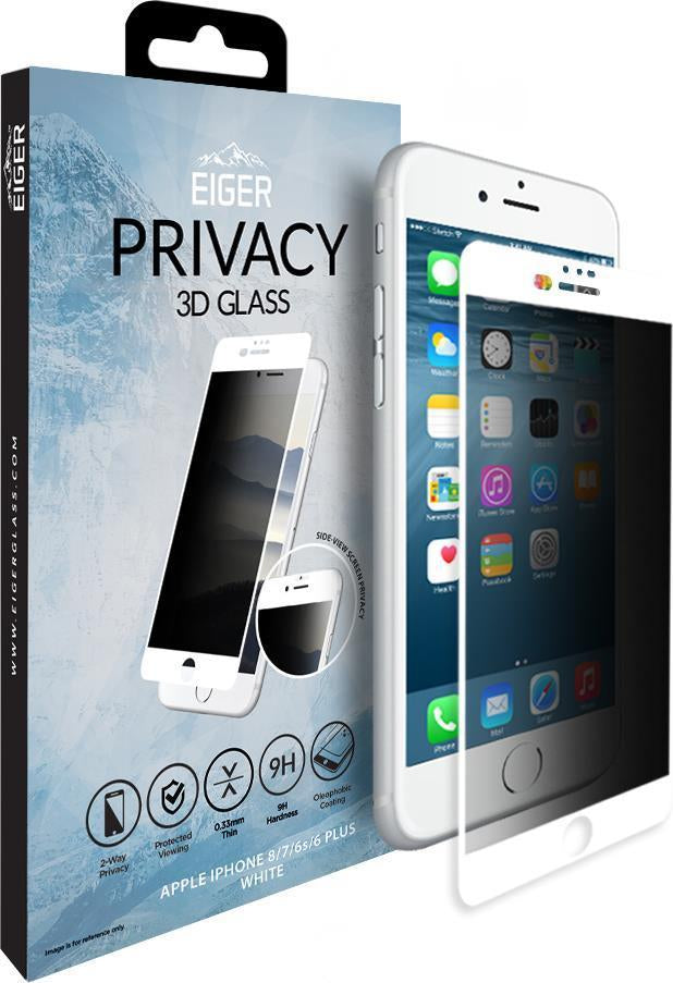 Anti-Spy Стъклен Протектор за iPhone 8/7/6 Plus, Eiger Privacy 3D Glass, Бял