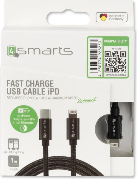 USB-C Кабел за iPhone и iPad с Бързо Зареждане, 4Smarts (Lightning) Power Delivery, Черен (5)