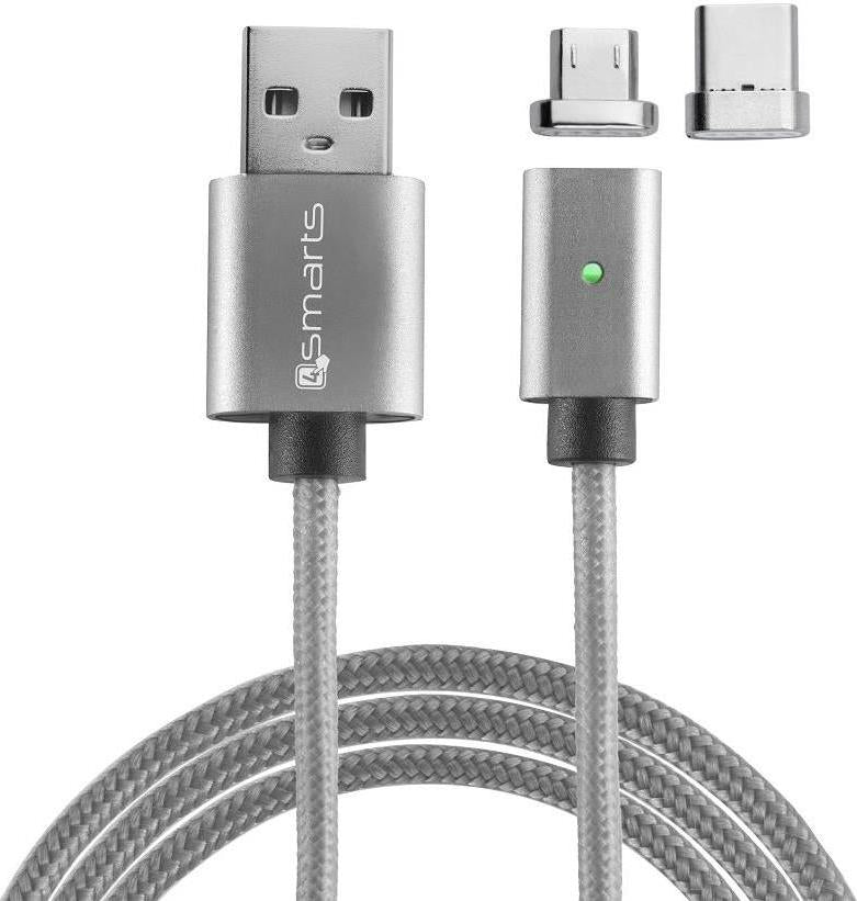 USB Кабел Магнитен, 4Smarts Gravitycord micro-USB & USB-C, Сив