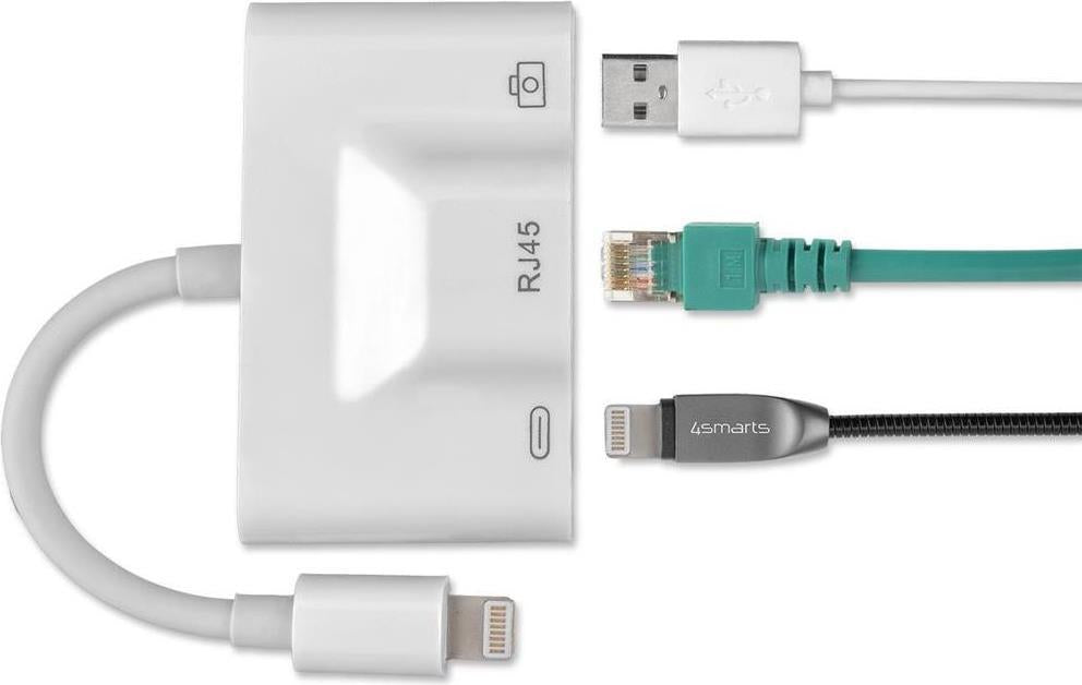 Адаптер за iPhone и iPad, 4Smarts Hub Ethernet/ USB/ Lightning, Бял