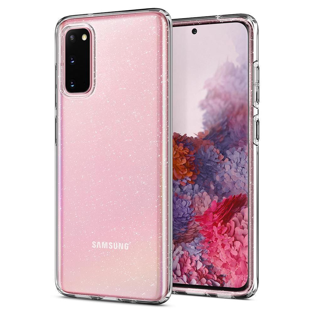 Противоударен Блестящ Калъф за Samsung S20, Spigen Liquid Crystal Glitter Quartz Case, Прозрачен