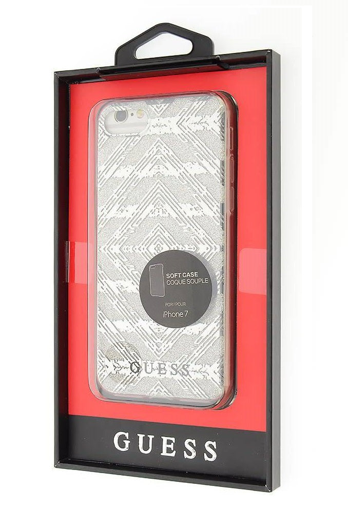 Луксозен Силиконов Калъф за iPhone SE 2022/2020 8/7, Guess Aztec Tribal Scin Case, Сребрист (4)