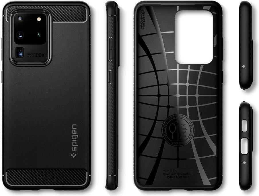 Противоударен Силиконов Калъф за Samsung S20 Ultra, Spigen Rugged Armor Case, Черен (6)