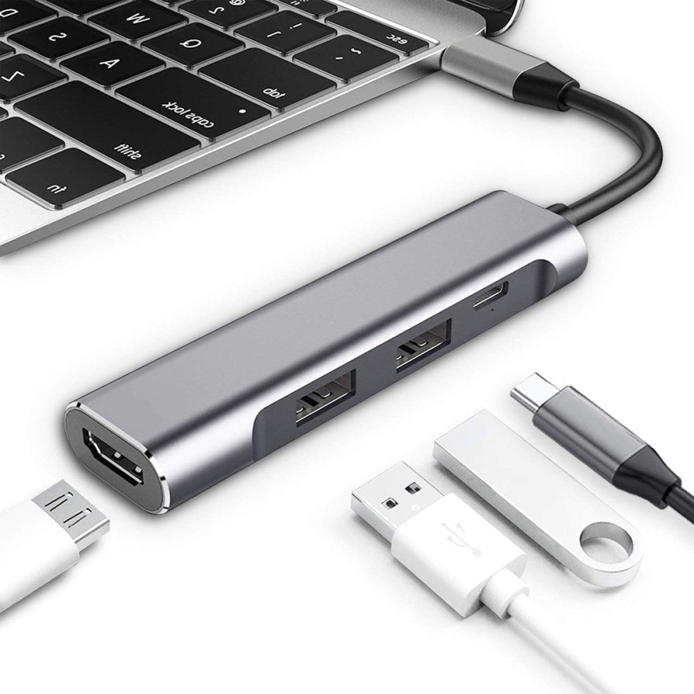 Хъб за Macbook и Лаптопи с USB-C, 4in1 HDMI/USB2.0/USB 3.0/UCB-C, Сив
