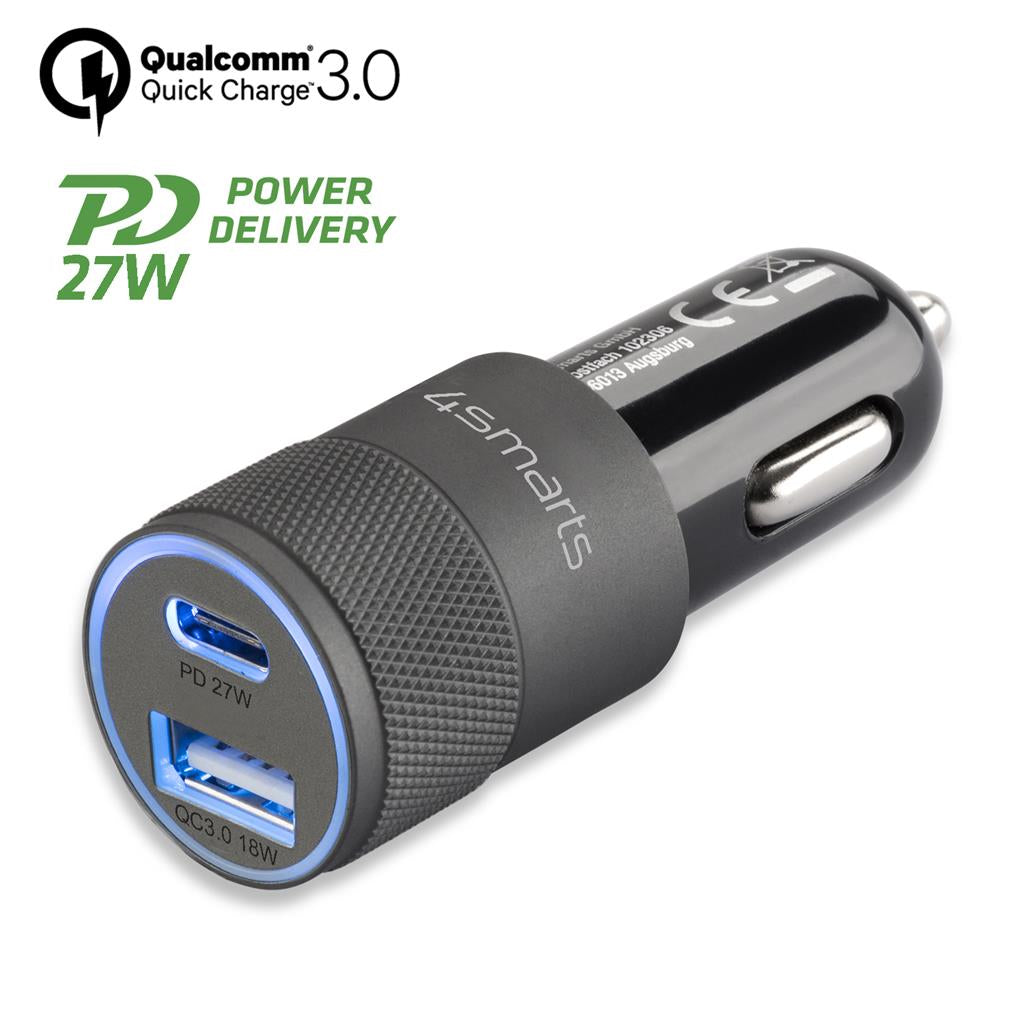 Зарядно за iPhone и Андроид за Кола с USB-C, 4Smarts 12v Rapid+ Power Delivery 27w, Сив