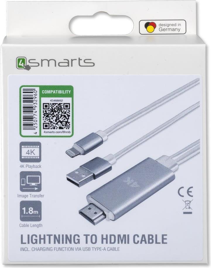 HDMI Адаптер за iPhone и iPad, 4Smarts Converter lightning to HDMI 1.8m, Бял (3)
