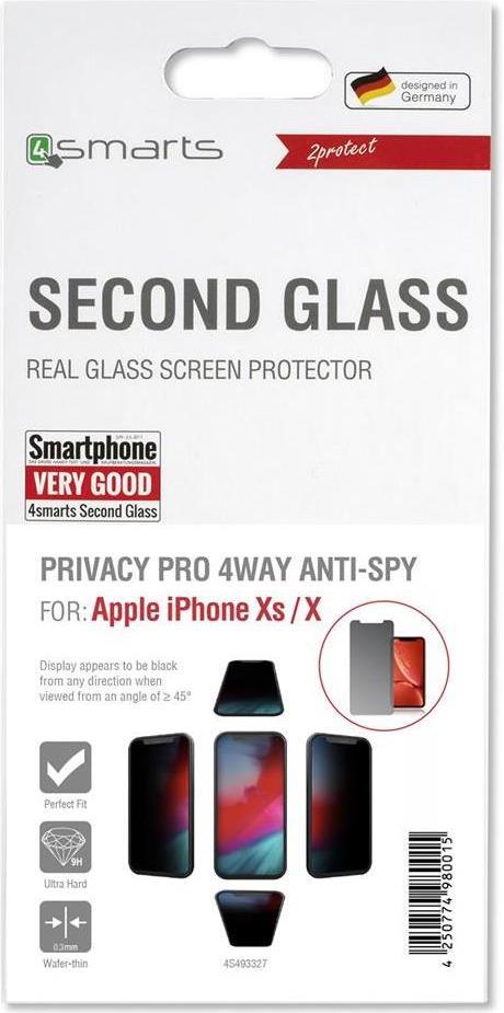 Anti-Spy Стъклен Протектор за iPhone 11 Pro/XS/X, 4Smarts 3D Privacy Pro Glass, Черен