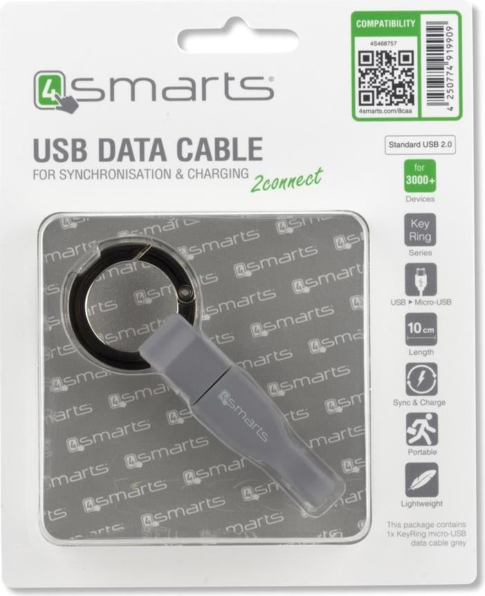 USB Кабел Ключодържател (къс), 4Smarts micro-USB Keyring 0.1m, Сив (4)
