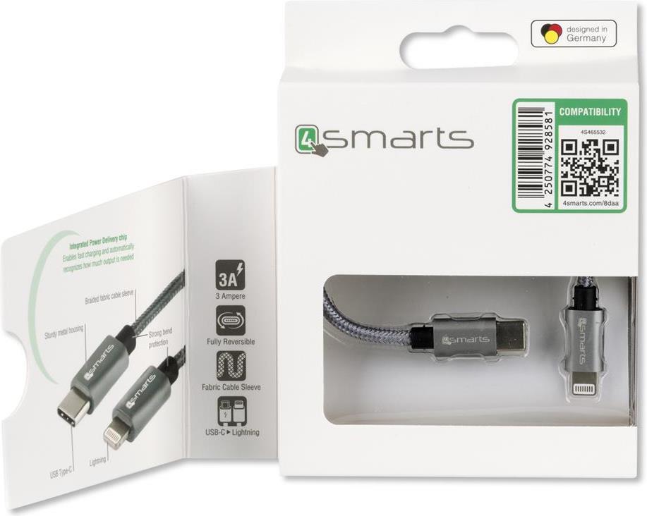 USB-C Кабел за iPhone и iPad с Бързо Зареждане, 4Smarts (Lightning) Power Delivery, Сив (3)