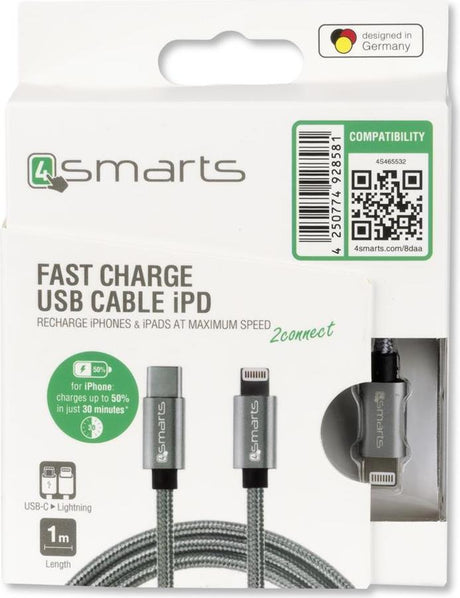 USB-C Кабел за iPhone и iPad с Бързо Зареждане, 4Smarts (Lightning) Power Delivery, Сив (5)