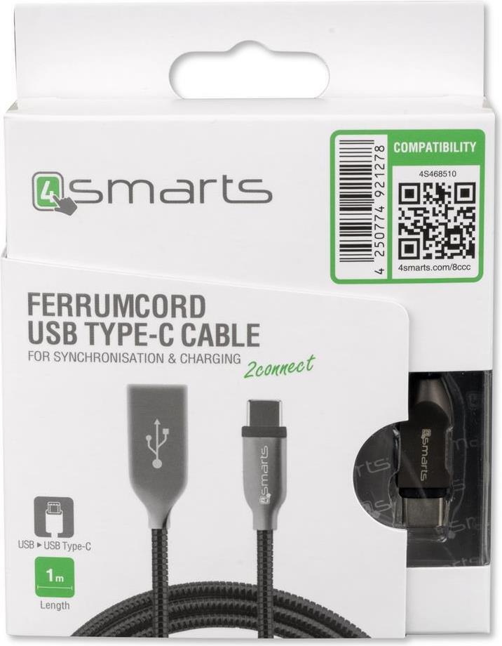 USB-C Кабел с Метална Оплетка, 4Smarts Ferrumcord 1m, Черен (4)