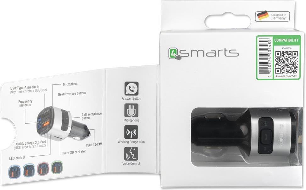 Безжичен Трансмитер за Кола, 4Smarts FM Transmiter/ Bluetooth/ Fast Charge, Сребрист (8)