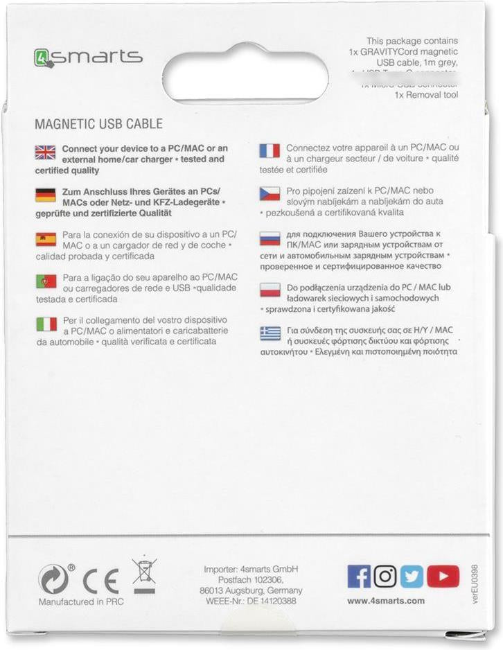 USB Кабел Магнитен, 4Smarts Gravitycord micro-USB 2pcs, Сив (4)