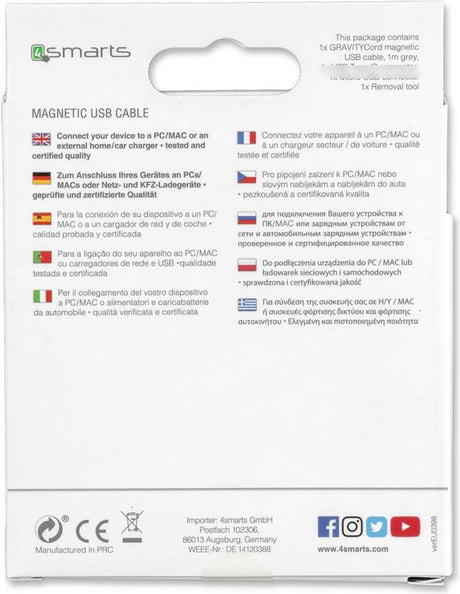 USB Кабел Магнитен, 4Smarts Gravitycord micro-USB 2pcs, Сив (4)