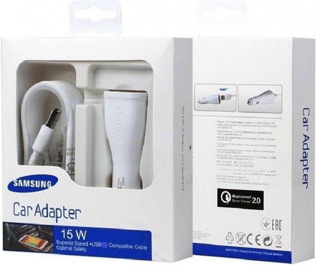 Оригинално Бързо Зарядно за Кола за Samsung S7, S6 12v Fast Charger & micro USB EP-LN915UWE, Бял
