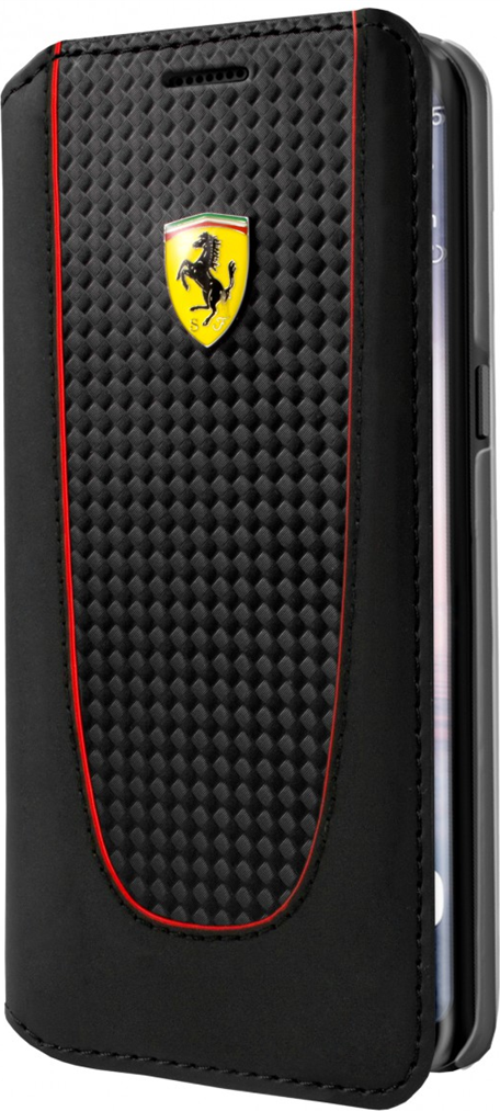 Луксозен Кожен Калъф за Samsung S8 Plus, Ferrari Leather/Carbon Book Case, Черен