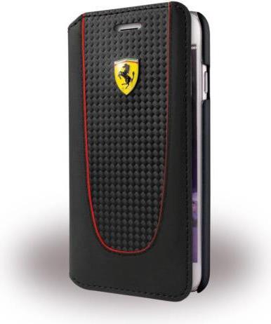 Луксозен Кожен Калъф за iPhone SE 2022/2020 8/7, Ferrari Leather/Carbon Book Case, Черен