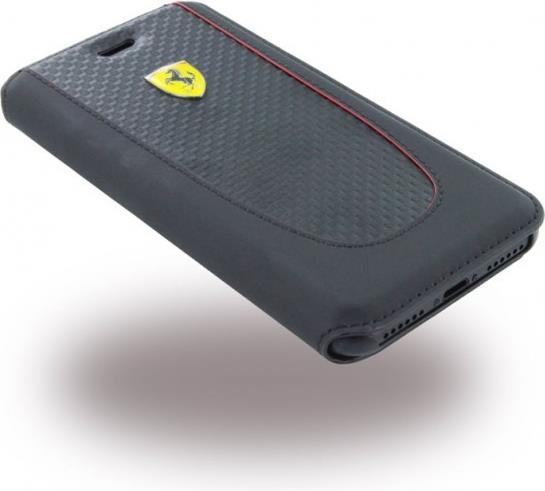 Луксозен Кожен Калъф за iPhone SE 2022/2020 8/7, Ferrari Leather/Carbon Book Case, Черен (2)