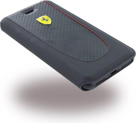 Луксозен Кожен Калъф за iPhone SE 2022/2020 8/7, Ferrari Leather/Carbon Book Case, Черен (2)