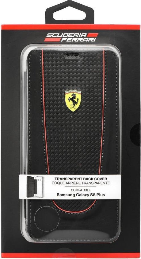 Луксозен Кожен Калъф за Samsung S8 Plus, Ferrari Leather/Carbon Book Case, Черен (3)
